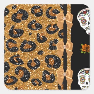 Pegatina Cuadrada RAB Rockabilly Oro Estampado de Leopardo Calaveras