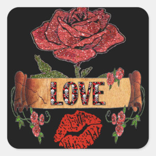 Pegatina Cuadrada RAB Rockabilly San Valentín Rosas, Amor y Pintalab