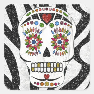 Pegatina Cuadrada RAB Rockabilly Sugar Skull en Estampado de Cebra
