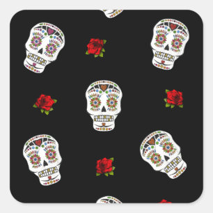 Pegatina Cuadrada RAB Rockabilly Sugar Skulls Rosas en negro