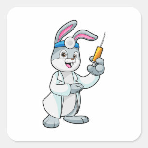 Pegatina Cuadrada Rabbit as Doctor at Vaccination with Syringe