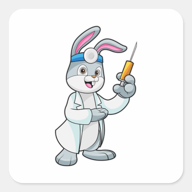 Pegatina Cuadrada Rabbit as Doctor at Vaccination with Syringe (Anverso)