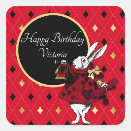 Pegatina Cuadrada Rabbit blanco en cumpleaños rojo