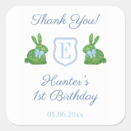 Pegatina Cuadrada Rabbit Blue Monogram Baby Boy Primer Favor de Cump