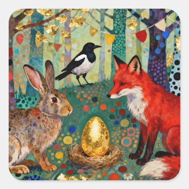 Pegatina Cuadrada Rabbit, Magpie, Fox and “The Golden Goose Egg” (Anverso)