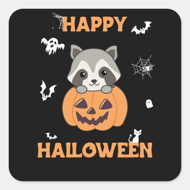 Pegatina Cuadrada Raccin En Calabaza Dulce Raccoon Feliz Halloween (Anverso)