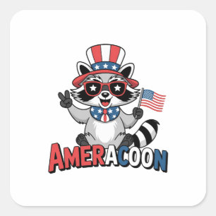 Pegatina Cuadrada Raccoon Americoon Patriótico 4° de julio de Améric