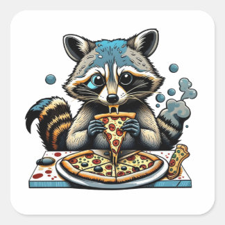 Pegatina Cuadrada Raccoon come pizza