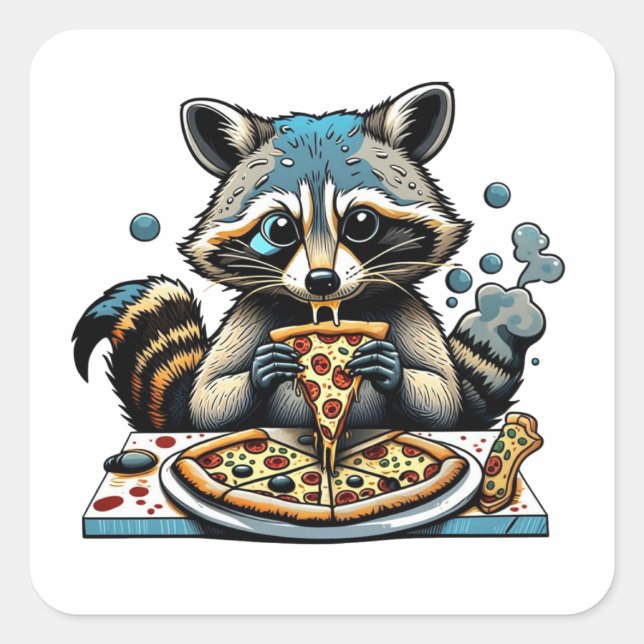 Pegatina Cuadrada Raccoon come pizza (Anverso)