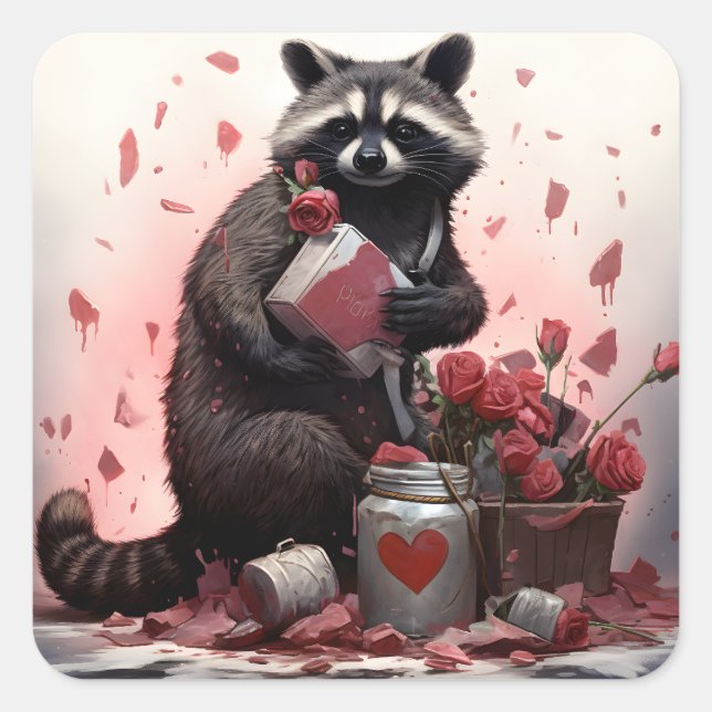 Pegatina Cuadrada Raccoon con basura Día de San Valentín (Anverso)