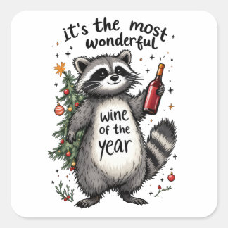 Pegatina Cuadrada Raccoon del Año el vino más maravilloso