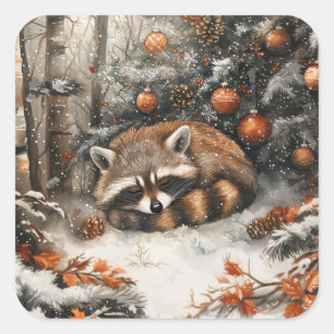 Pegatina Cuadrada Raccoon durmiente Navidades rusos singulares