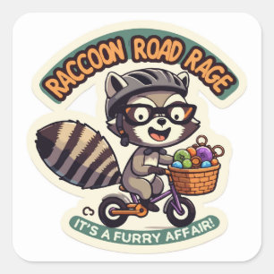 Pegatina Cuadrada Raccoon en bicicleta haciendo estragos en la carre