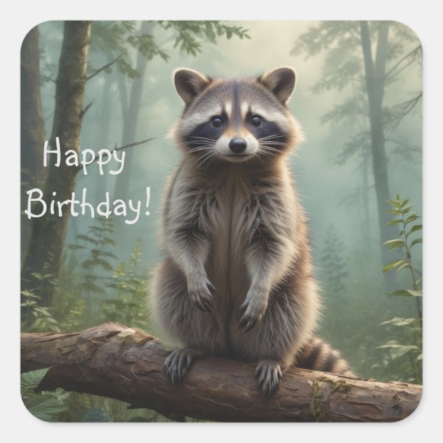 Pegatina Cuadrada Raccoon en el bosque (Anverso)