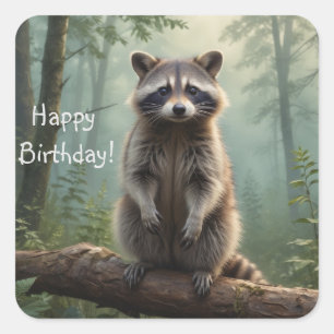 Pegatina Cuadrada Raccoon en el bosque