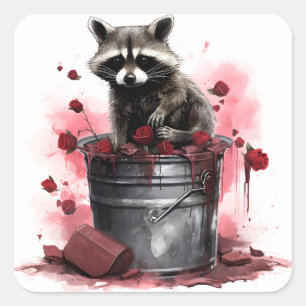 Pegatina Cuadrada Raccoon en el Día de San Valentín del basurero