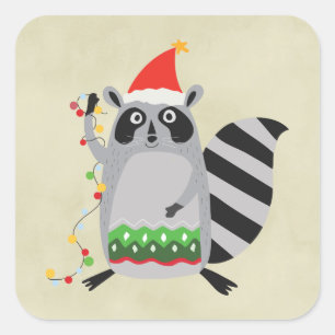 Pegatina Cuadrada Raccoon En Santa Hat Atrapado En Luces De Navidad