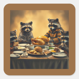 Pegatina Cuadrada Raccoon Family Thanksgiving