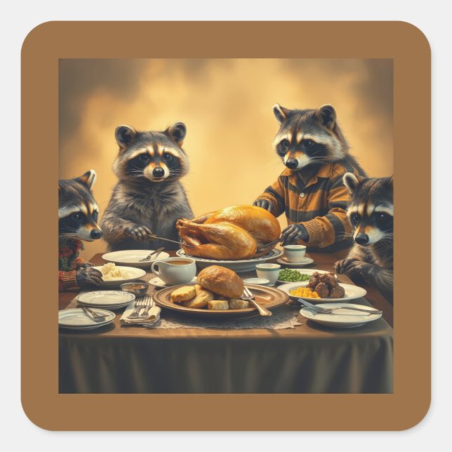 Pegatina Cuadrada Raccoon Family Thanksgiving (Anverso)