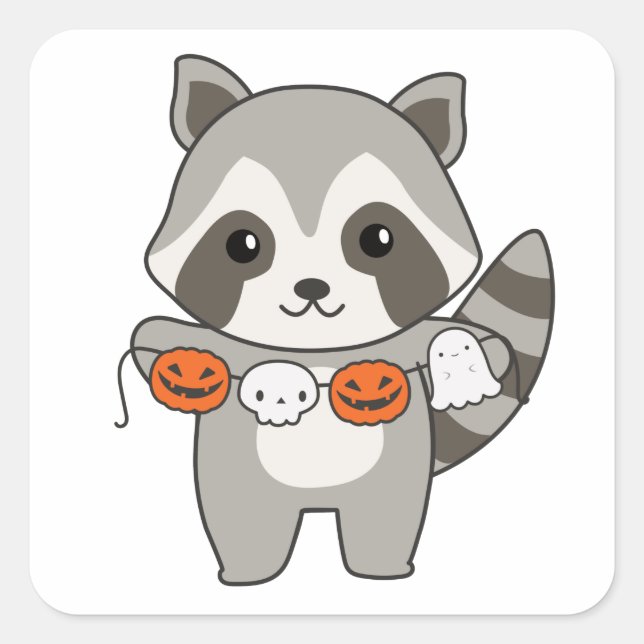 Pegatina Cuadrada Raccoon Happy Halloween Calabaza (Anverso)