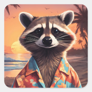 Pegatina Cuadrada Raccoon Holiday