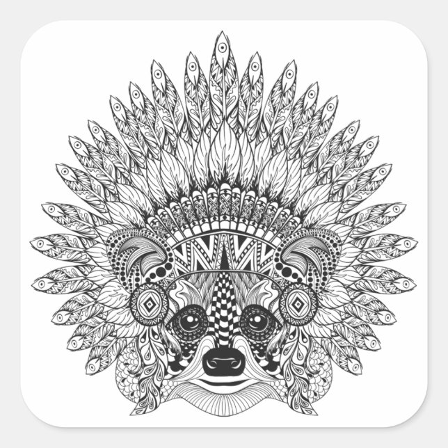 Pegatina Cuadrada Raccoon In Feathered War Bonnet Doodle (Anverso)