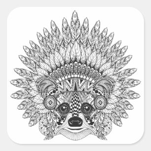 Pegatina Cuadrada Raccoon In Feathered War Bonnet Doodle