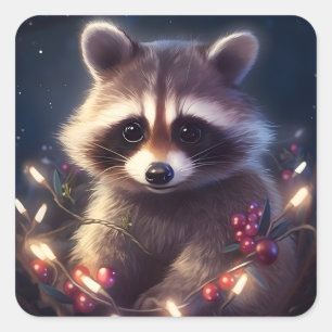 Pegatina Cuadrada Raccoon lindo Feliz Navidad