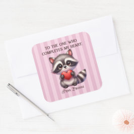 Pegatina Cuadrada Raccoon lindo sosteniendo un corazón