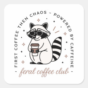 Pegatina Cuadrada Raccoon tomando café club divertido