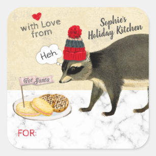 Pegatina Cuadrada Raccoon travieso come galletas de sus Navidades ho