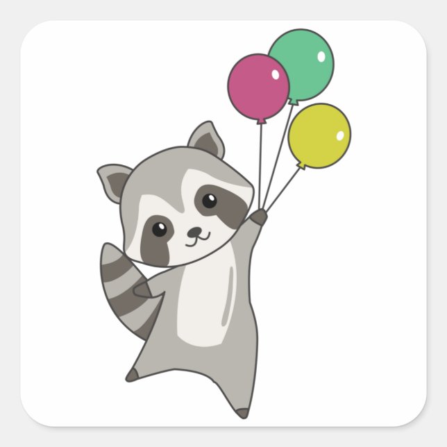 Pegatina Cuadrada Raccoon vuela globos sobre animales amables para n (Anverso)