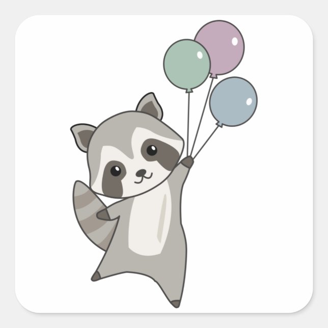 Pegatina Cuadrada Raccoon vuela globos sobre animales amables para n (Anverso)