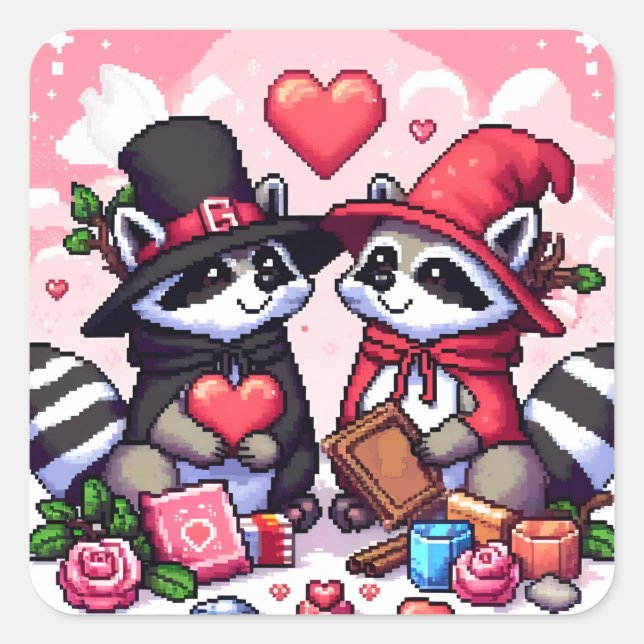Pegatina Cuadrada Raccoons en arte de píxeles de amor (Anverso)