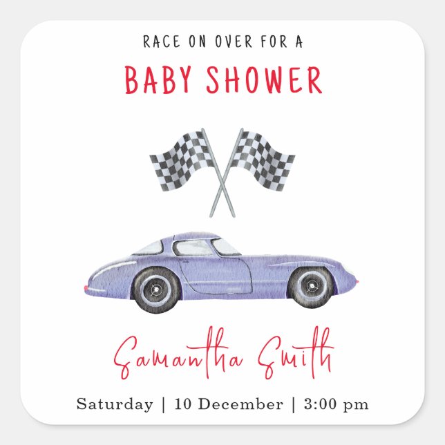Pegatina Cuadrada Race Car Baby Shower (Anverso)