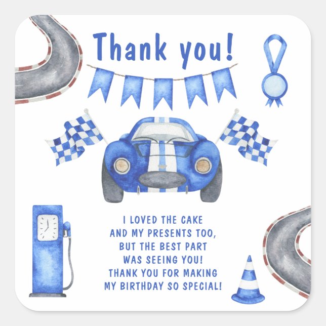 Pegatina Cuadrada Race Car First Birday Party Gracias (Anverso)