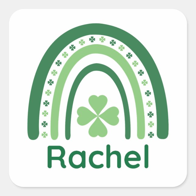 Pegatina Cuadrada Rachel Name Clover Boho Rainbow (Anverso)