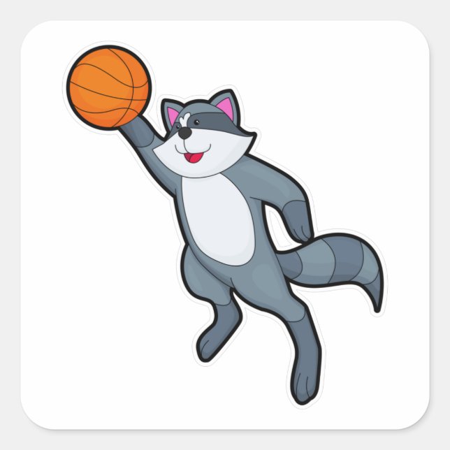 Pegatina Cuadrada Racoon como jugador de baloncesto con baloncesto (Anverso)