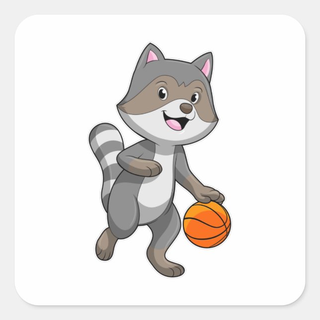 Pegatina Cuadrada Racoon como jugador de baloncesto con baloncesto (Anverso)