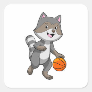 Pegatina Cuadrada Racoon como jugador de baloncesto con baloncesto