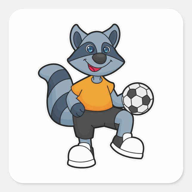 Pegatina Cuadrada Racoon como jugador de fútbol con pelota de fútbol (Anverso)