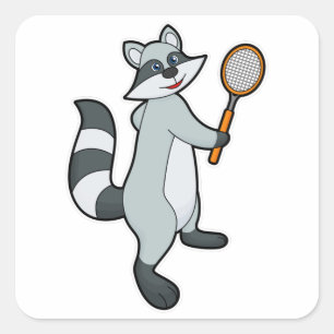 Pegatina Cuadrada Racoon como jugador de tenis con raqueta de tenis