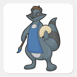 Pegatina Cuadrada Racoon como pintor con pincel