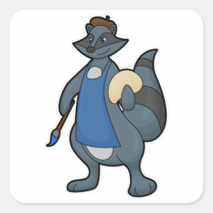 Pegatina Cuadrada Racoon como pintor con pincel