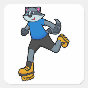 Pegatina Cuadrada Racoon como Skater con patines en línea