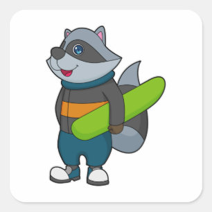 Pegatina Cuadrada Racoon como Snowboard con Snowboard