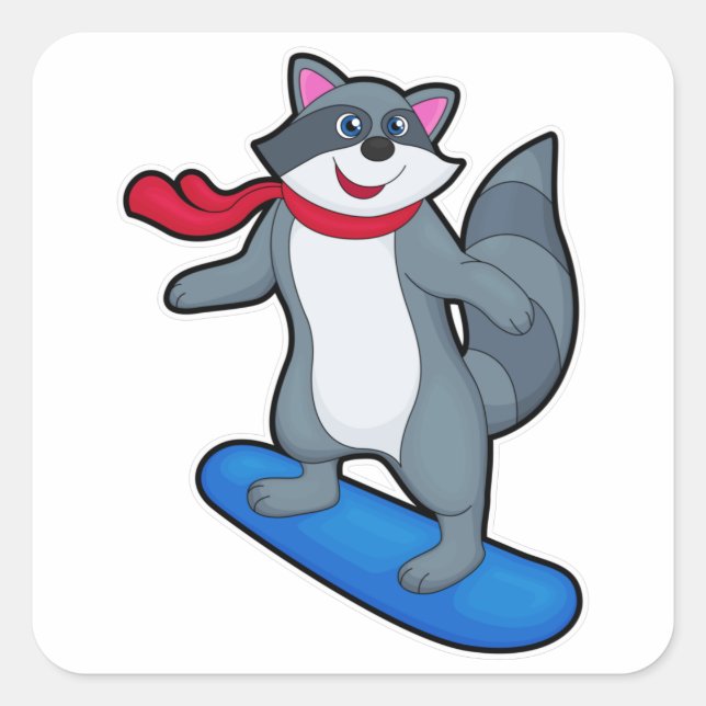Pegatina Cuadrada Racoon como Snowboard con Snowboard y Scarf (Anverso)