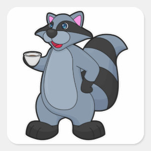 Pegatina Cuadrada Racoon con copa de café