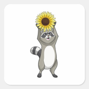 Pegatina Cuadrada Racoon con girasol