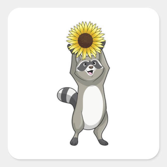 Pegatina Cuadrada Racoon con girasol (Anverso)